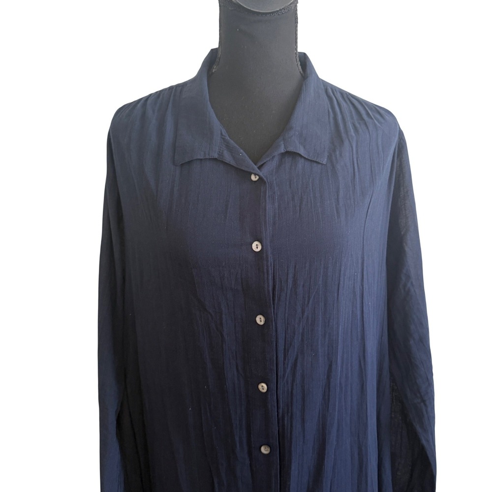 J. Jill Navy Blue Gauze Button Front Duster Maxi Shirt Dress M Coastal Nautical - Picture 2 of 8